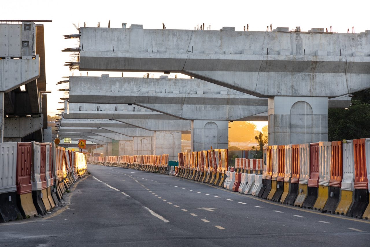 Construction of highway overpass bridge infrastructure in progress